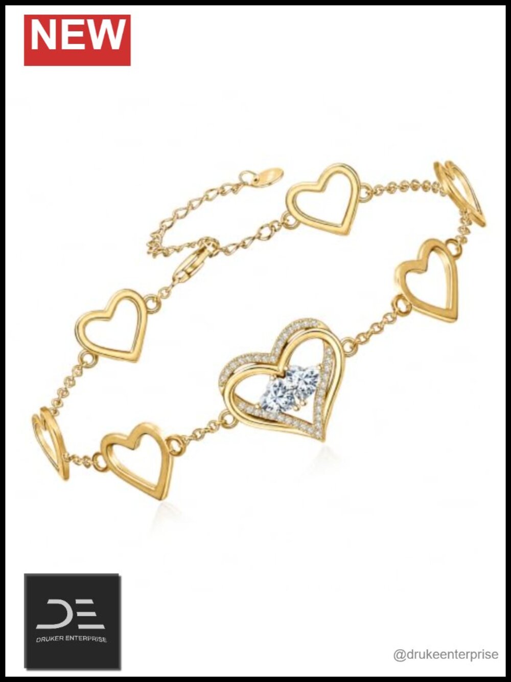 14K Gold Plated Heart Link Bracelet with Birthstone CZ for Women